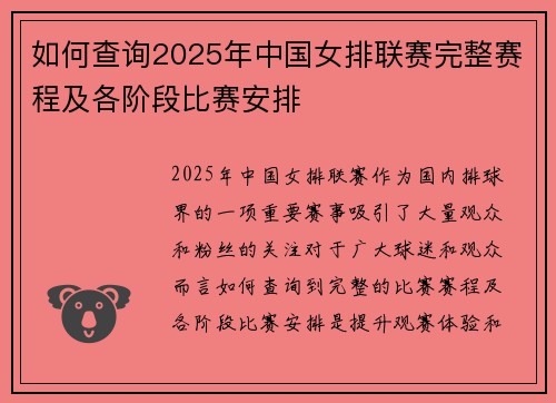 如何查询2025年中国女排联赛完整赛程及各阶段比赛安排